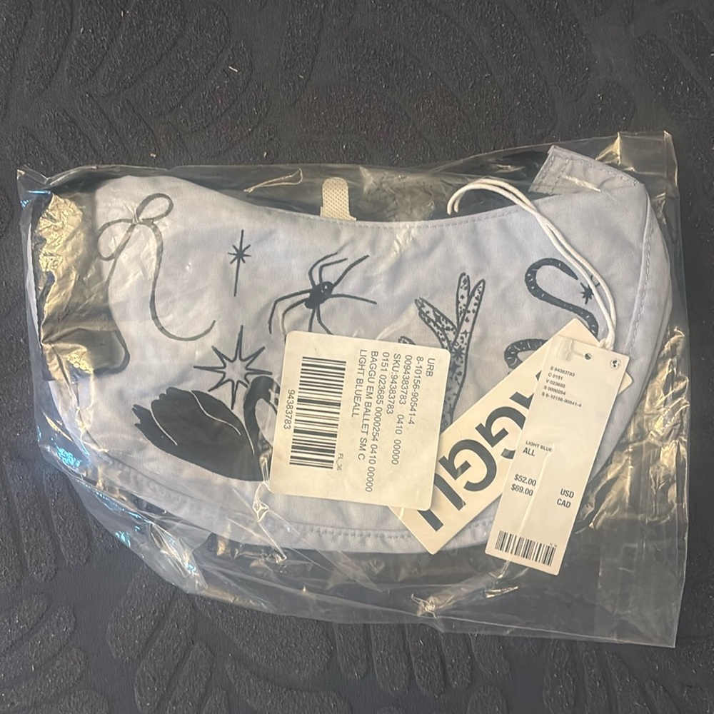 BAGGU Embroidered Ballet Icons Small Nylon Crescent Bag Light Blue Crossbody